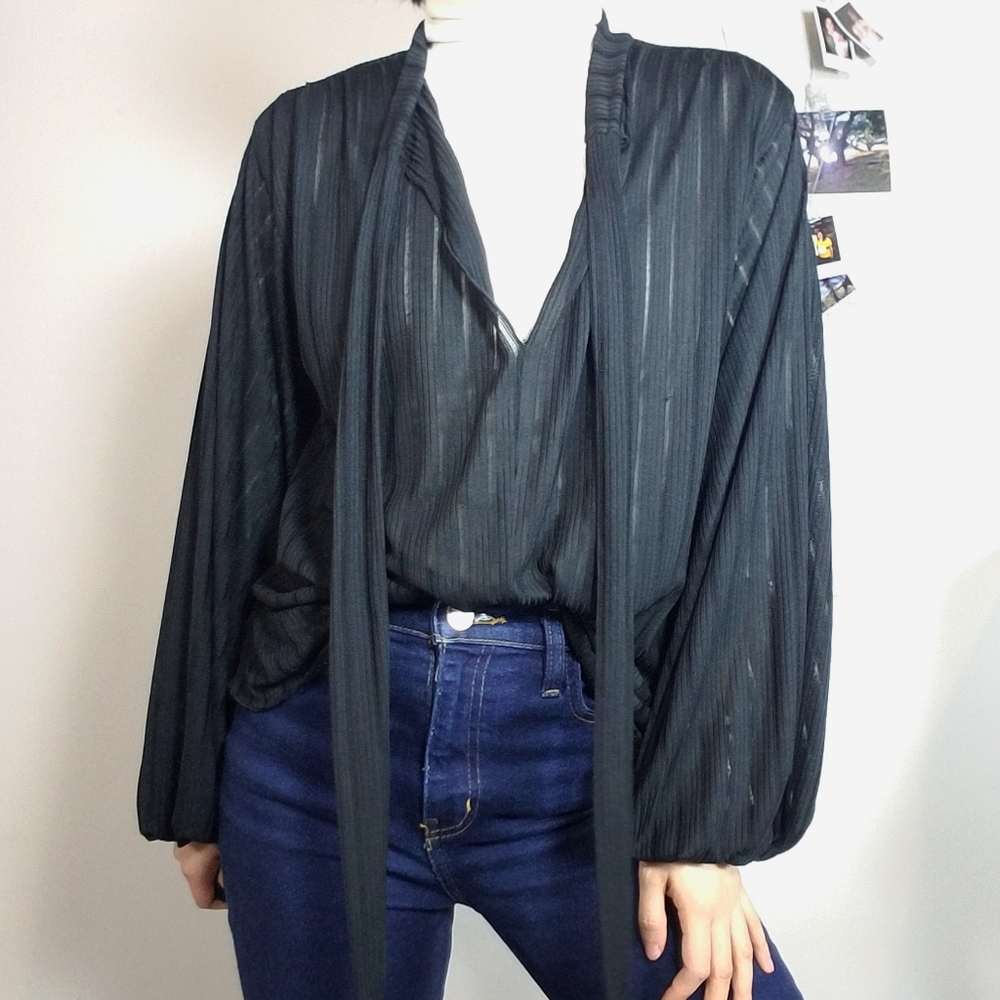 Zara Black Semi Sheer Blouse with Self-tie Bow